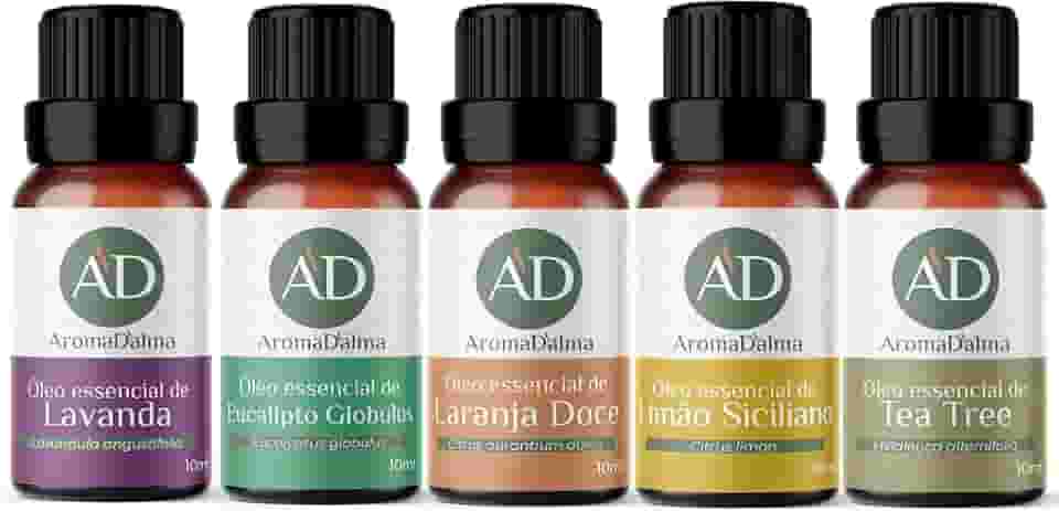 Kit Óleo Essêncial Completo Para Aromaterapia | Os 5 Aromas Mais Populares 100% Puros - Lavanda, Eucalipto, Limão Siciliano, Laranja Doce e Tea Tree (Melaleuca) - Aroma D’alma