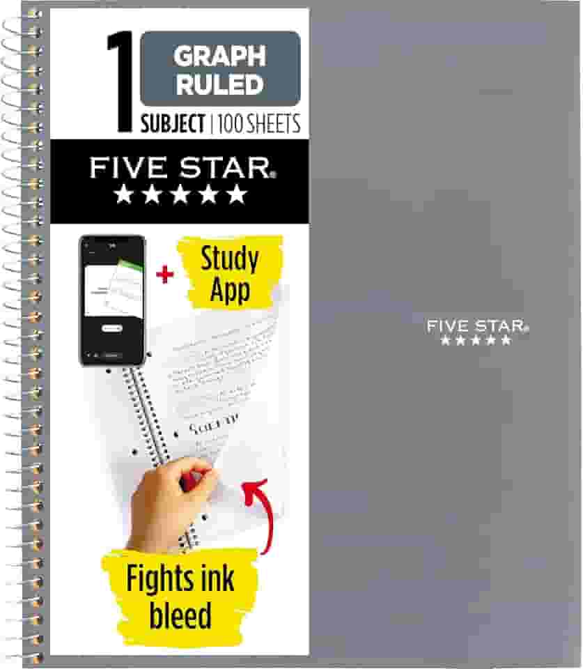 Five Star Caderno espiral + app de estudo, 1 assunto, papel pautado em gráfico, combate o sangramento de tinta, capa resistente à água, 21 cm x 28 cm, 100 folhas, cinza (620000AA3)