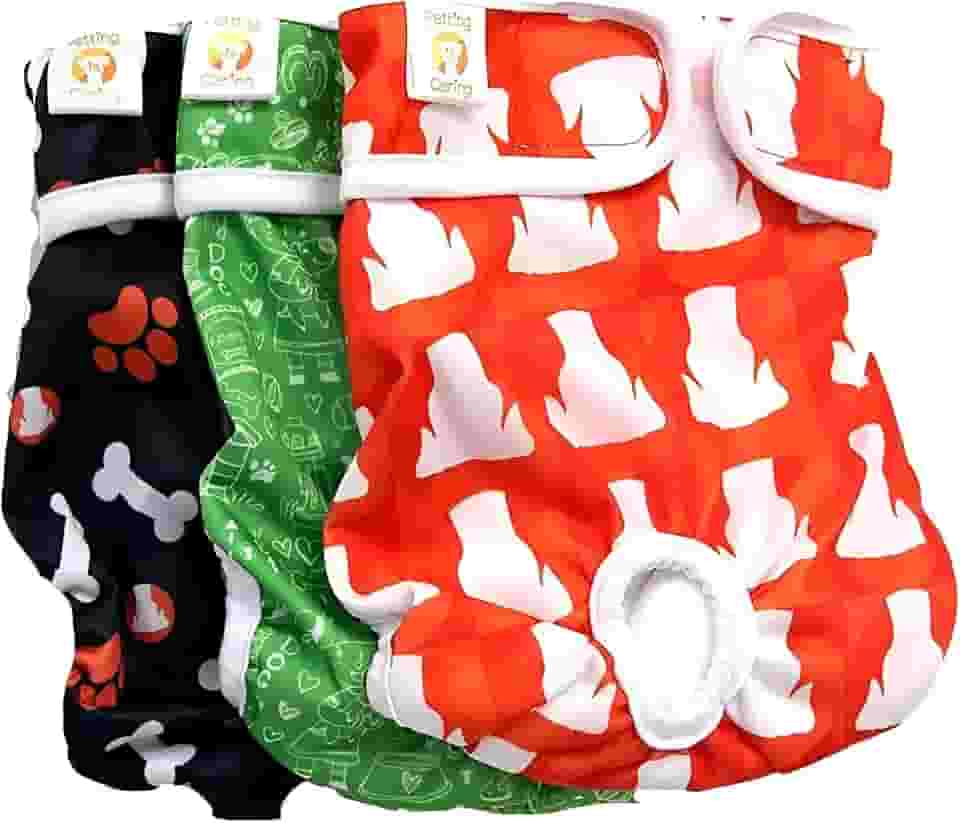 Fralda Cachorro Fêmea Reutilizáveis 3 Pcs Petting Is Caring - Materiais Duráveis Solução lavável na máquina para incontinência de animais de estimação e viagens longas (NEW DESING, XS)