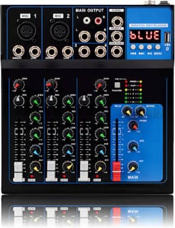 Mesa de Som Profissional, 4 Canais, Bluetooth, USB, MP3, 48V Phantom Power, Mixer de Áudio para Gravação e Shows