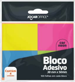BLOCO ADESIVO COLORIDO 38MMX50MM NEON BLISTER/4BLOCOS JOCAR OFFICE