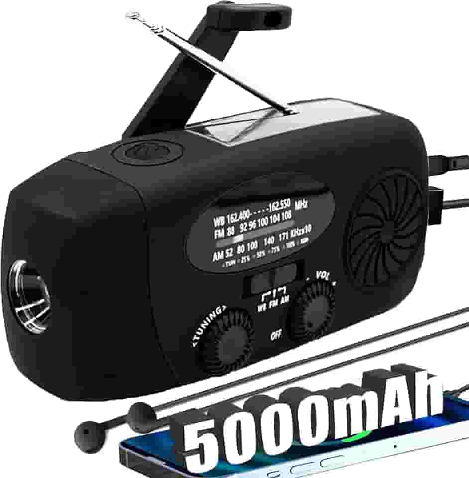 Rádio de emergência meteorológica NOAA 5000 mAh Alertsync com carregamento solar, rádio AM FM com manivela, alarme SOS, lanterna de LED com conector de fone de ouvido para casa, acampamento