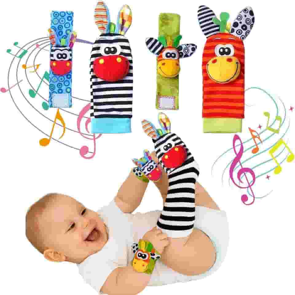 Combo 2 Meias e 2 Pulseiras Bebê com Chocalhos 0 a 12 Meses Menina Menino Conforto e Diversão (Vaquinha)