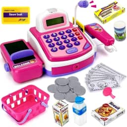 Caixa Registradora Infantil com Calculadora, Microfone, Luz e Acessórios, Rosa e Azul, 30 cm