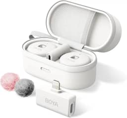 BOYA Microfone de lapela sem fio Omic-D-W para iPhone, microfone sem fio com cancelamento de ruído com clipe magnético, bateria 18H, certificado MFi, microfone de lapela para iPhone/iPad, YouTube,
