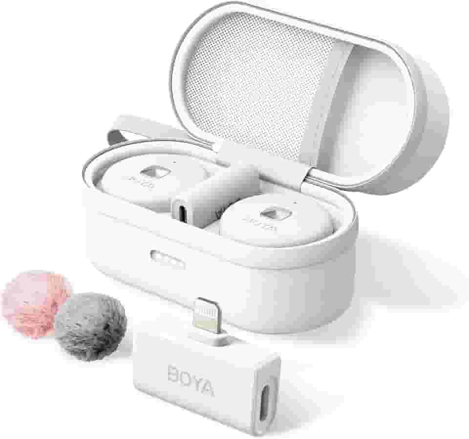 BOYA Microfone de lapela sem fio Omic-D-W para iPhone, microfone sem fio com cancelamento de ruído com clipe magnético, bateria 18H, certificado MFi, microfone de lapela para iPhone/iPad, YouTube,