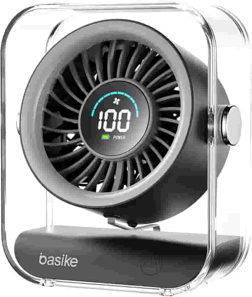 Basike Ventilador de Mesa Mini com Display Digital, 100 Níveis de Velocidade Portátil Bateria 5000mAh de 7h, Anjo Ajustável 60°, Silencioso para Casa, Escritório e Viagens (Preto)