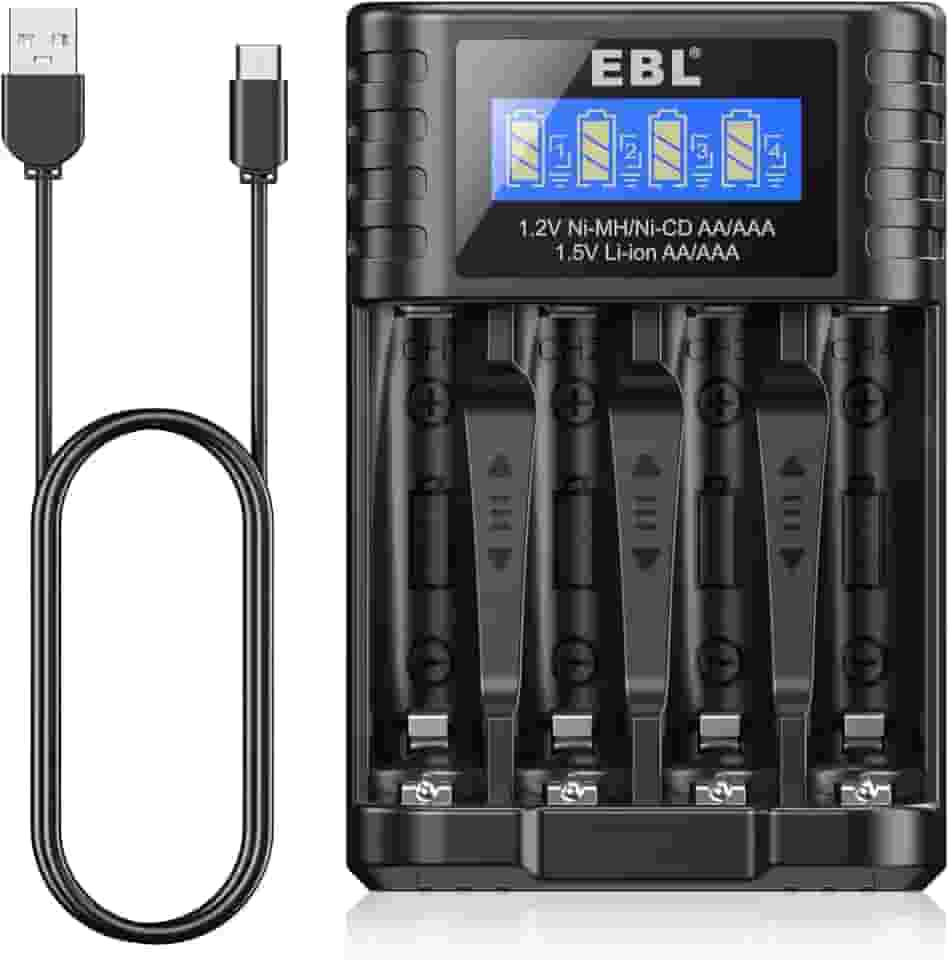 EBL Carregador de bateria para AA AAA 1,2 V NI-MH 1,5 V baterias recarregáveis de íon de lítio, entrada tipo C, sistema de exibição e reconhecimento inteligente, compartimento de carregamento separado