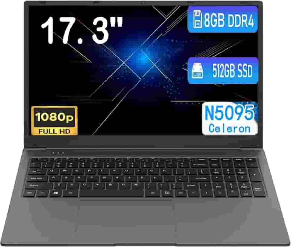 MTWZMM Laptop de 17 polegadas, 8 GB RAM 512 SSD, tela FHD 1920 x 1080 de 17,3 polegadas, Celeron N5095 (até 2,9 GHz), Win 11, WiFi 5, Bluetooth 5.0, USB 3.0, webcam, HDMI, para estudantes e negócios