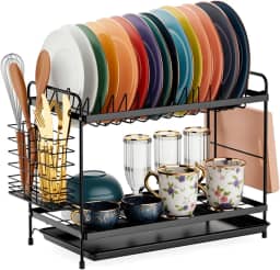 Escorredor de Pratos Inox, Escorredor de Louça Completo em Aço Carbono Organizador, Suporte para Talheres, Copos, Tábuas, Facas e Bandeja de Detachable Drain Tray, resistente e durável, (Preto)