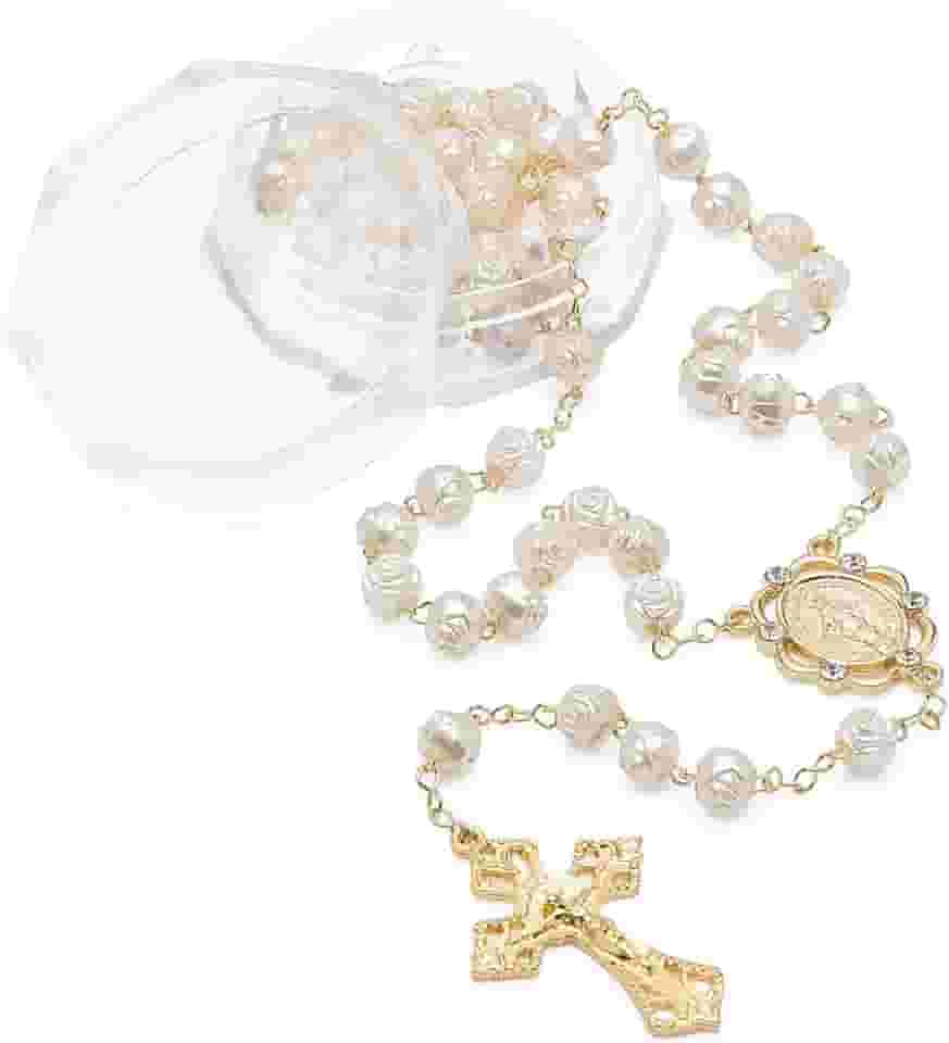 Terço Perola Botão De Rosa Dourada