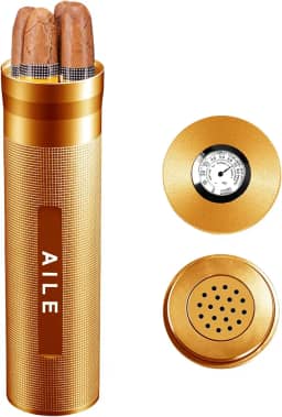 AILE Umidor de aço inoxidável para charutos, caixa de charuto, prata para viagem, tubo para 3 a 4 charutos, caixa de charutos portátil, higrômetro de charuto, ótimo presente para o amante (dourado)