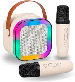 Karaoke Infantil Portátil com 2 Microfones Recarregável e Modos de Voz Divertidos - Diversão Musical para Crianças! (Bege)
