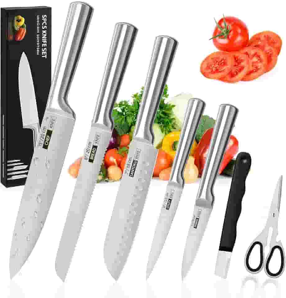 Conjunto de 7 Facas Profissionais em Aço Inoxidável 3CR13, Durável Antiferrugem e Anticorrosão, Garantia de 10 Anos,Ultra Afiadas e Precisão Suíça, V-Sharp 15° Lâminas Inteiriças Conjunto de Cozinha