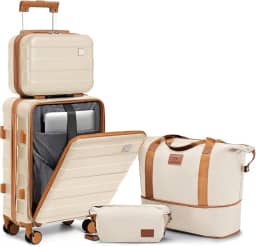 Mala de mão aprovada por companhias aéreas de 56 x 35 x 23 cm, mala de mão rígida leve, bagagem de viagem de 50 cm com rodas giratórias e porta USB, branco, marrom, Bege, 4 piece set