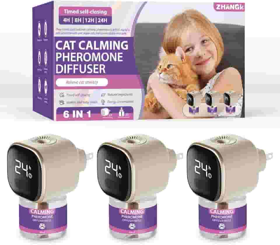 Difusor calmante para vários gatos, alivia o estresse, ansiedade, feromônios, difusor calmante com função de temporização, pacote com 3 feromônios para reduzir a pulverização e arranhões para todos os