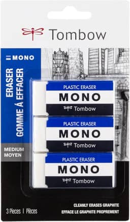 Tombow 57324 MONO borracha, branco, médio, pacote com 3 unidades. Remove marcas sem danificar o papel