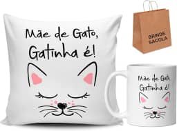 Kit Almofada e Caneca Personalizada Frase Mãe de gato Gatinha é Presente