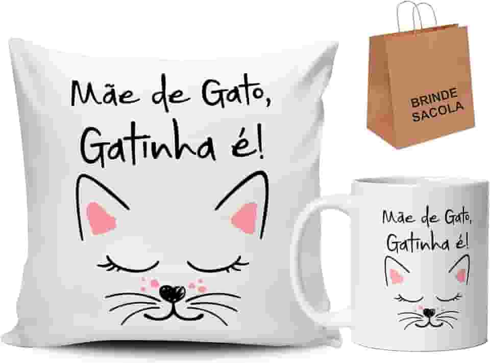 Kit Almofada e Caneca Personalizada Frase Mãe de gato Gatinha é Presente