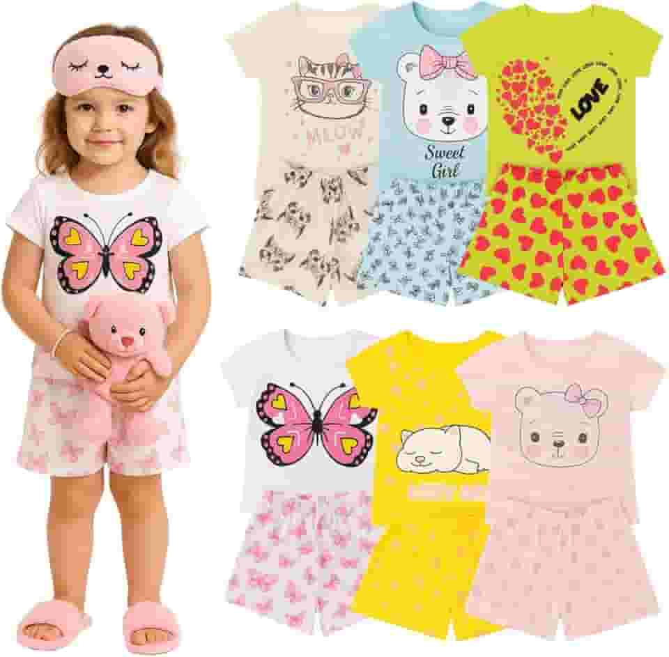 Kit 6 Peças Pijama Infantil Menina Verão Para Dormir 3 Blusas + 3 Shorts 100% Algodão Leve E Confortável Carters