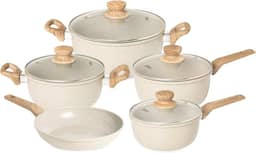 OSTER JOGO DE PANELAS E FRIGIDEIRA MARBLE EDITION CREAM – 5 PEÇAS COM REVESTIMENTO CERÂMICO ANTIADERENTE, ALÇAS EM SILICONE ANTITÉRMICO E BASE COMPATÍVEL COM INDUÇÃO