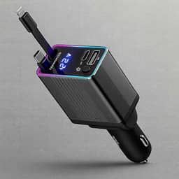 Carregador Premium De Carro Retrátil 4 Em 1 Com Cabo Tipo C E Iphone, USB Duplo, 120W, Tela De Voltagem E Carregamento Rápido Marca VARENZIA