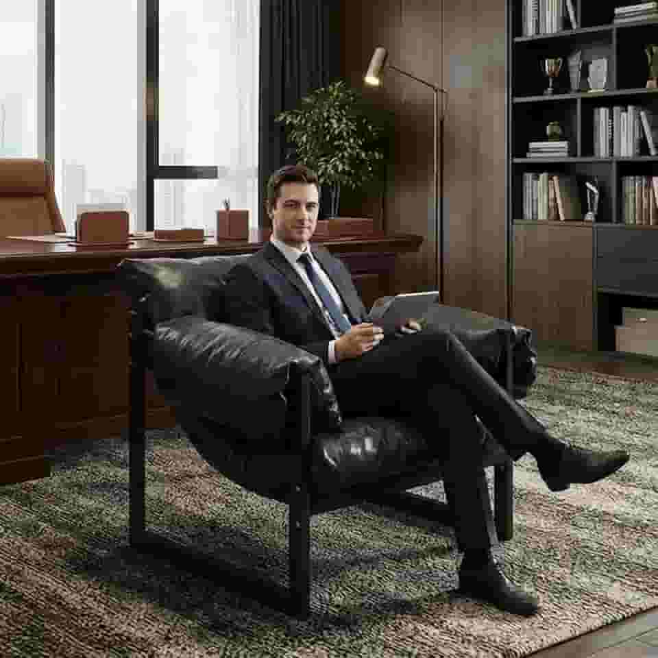 Poltrona do Presidente ampla de couro moderna para sala de estar, cadeira grande capacidade para pessoas altas, Poltrona confortável com base de madeira