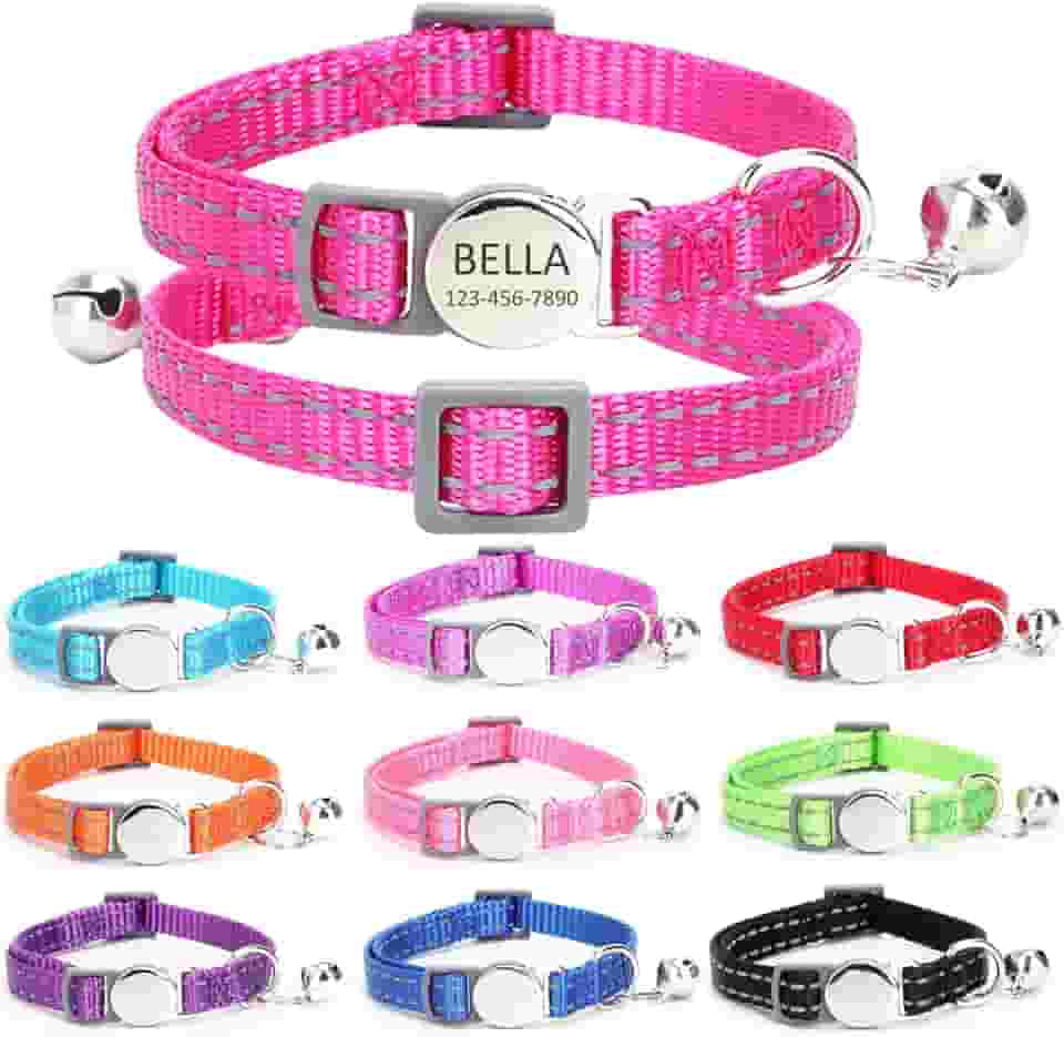 Coleira refletiva de gato gravada personalizada com nome e número de telefone, fivela ajustável personalizada e coleiras de identificação de sino para gatinhos e gatos