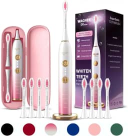 Wagner Stern WHITEN+ Edition. Escova de dentes elétrica branqueadora com sensor de pressão. Oferece 5 modos de escovação, 3 intensidades, 8 cabeças de escova macias e um estojo de viagem de luxo.