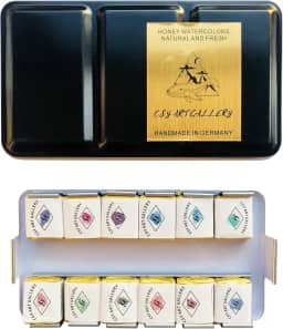 CSY art gallery Conjunto de tintas de aquarela metálicas feitas à mão com glitter cintilante de cor dupla tinta sólida inclui 12 cores em caixa de lata portátil para artistas, profissionais (frutas