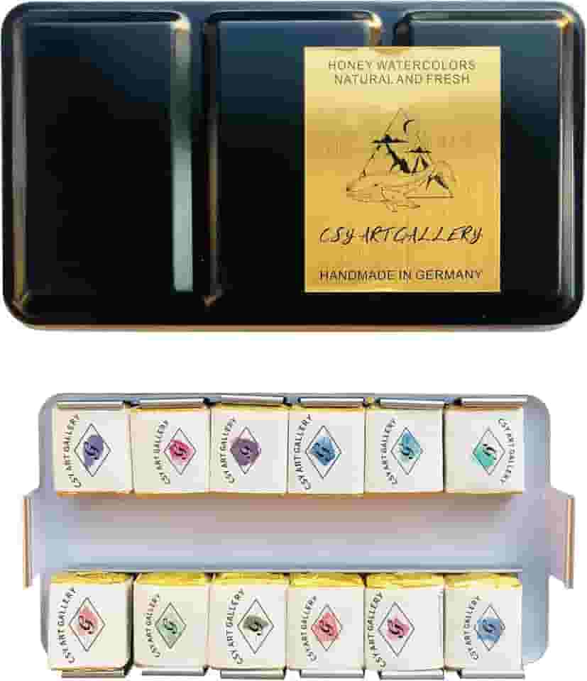 CSY art gallery Conjunto de tintas de aquarela metálicas feitas à mão com glitter cintilante de cor dupla tinta sólida inclui 12 cores em caixa de lata portátil para artistas, profissionais (frutas