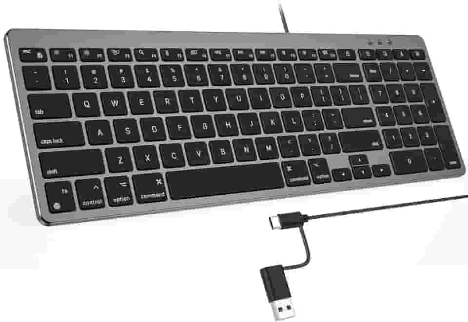 OMOTON Teclado com fio compatível com Mac, com interface dupla (USB e tipo-C), teclado numérico compatível com MacBook Pro/Air, iMac, Mac mini/Pro, cinza