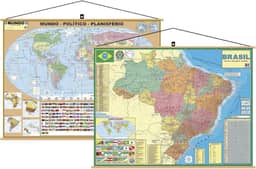 kit com 2 Mapas - 1 Brasil + 1 Mundi Banner Laminado Pronto para Pendurar - Atualizado