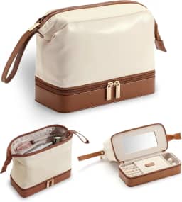 Lumayina Caixa de joias 2 em 1 e bolsa de maquiagem com espelho – bolsa organizadora de cosméticos versátil para viagem, bolsa de higiene pessoal portátil com estojo de maquiagem integrado para