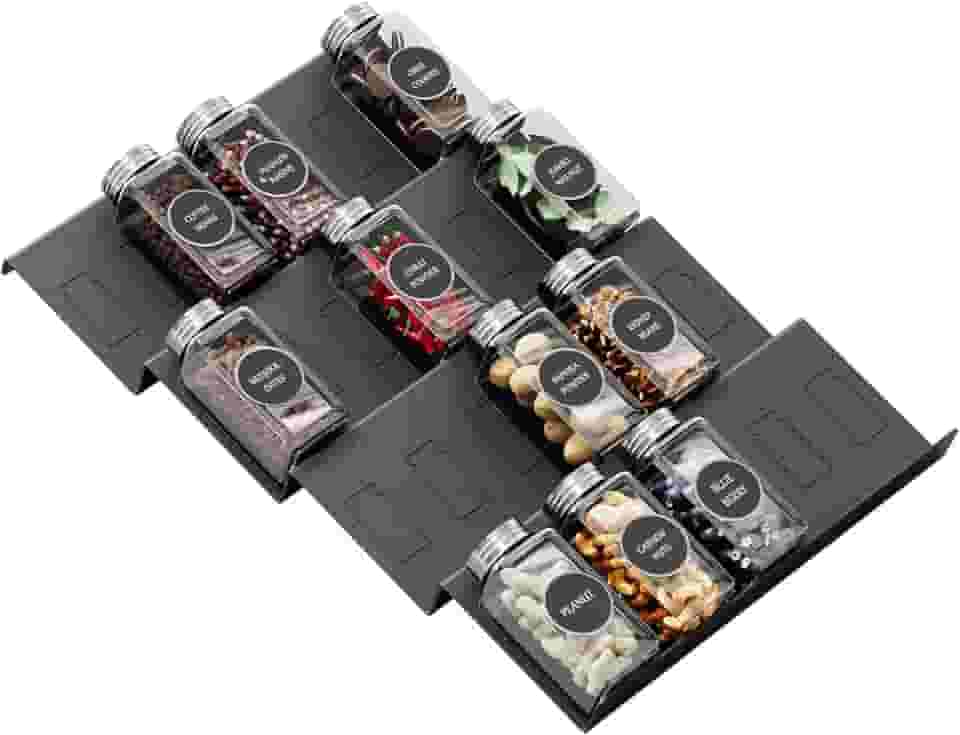 Famhap organizador de gaveta de temperos, 4 camadas expansíveis de 11,6' a 23,2' inserção de bandeja de tempero para gavetas de cozinha, bandeja de tempero para gaveta/bancada