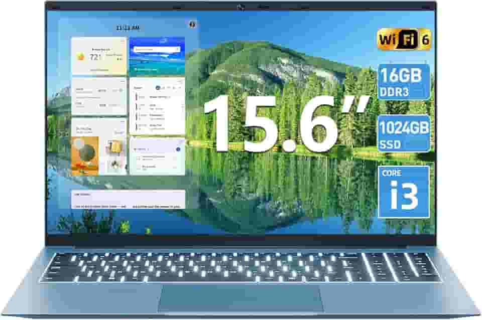 SGIN Laptop de 15,6 polegadas, laptops Windows 11 com 16 GB de RAM SSD de 1024 GB, CPU Core i3-10100Y (até 3,9 GHz), teclado retroiluminado, WiFi 6, bateria de 53,2 Wh, HDMI, visualização em 180°