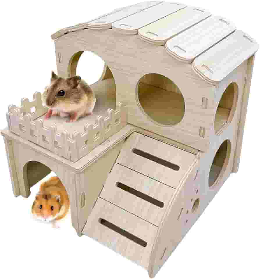 Casa de madeira para hamster esconderijo de madeira labirinto de dois andares com escada de escalada para rato gerbil anão sírio