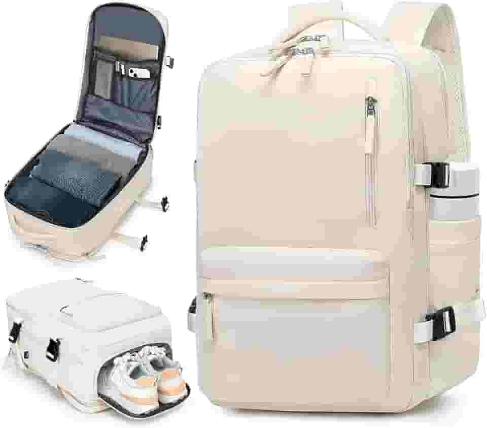 Mochila de Viagem Expansivel Grande Masculina Feminina,Mochila Avião Notebook Bolsa de Sapato,Executiva,Antifurto,Reforçada,USB,Impermeável,Escolar,Faculdade,Trabalho,Presente (Bege)