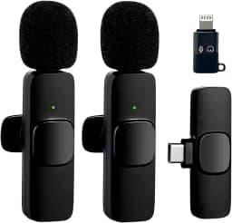 Microfone de Lapela Sem Fio Premium para Celular e PC com 2 Unidades – Bluetooth, Redução de Ruído, Compatível com iPhone, Android USB-C, Câmera DSLR, YouTube, Entrevistas, Vídeos