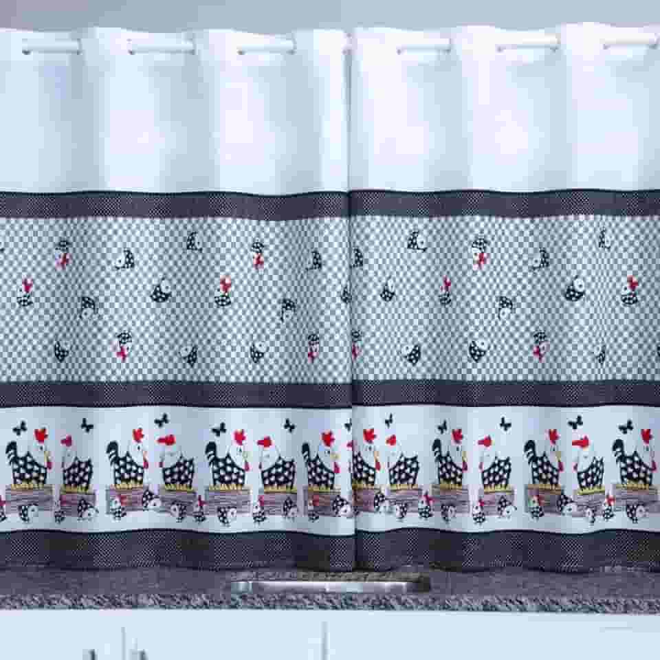 Cortina Cozinha Oxford 2,00x1,40 Estampada Cappuccino Janela Vitrô Ilhós Blackout Blecaute Decorativa Poliéster Varão (Galinha)