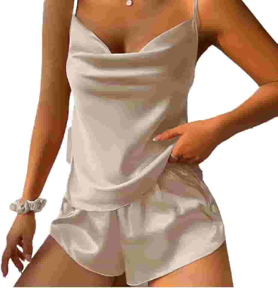 Pijama feminino de cetim de seda com alças, conjunto de pijama sexy de cetim de seda para mulheres