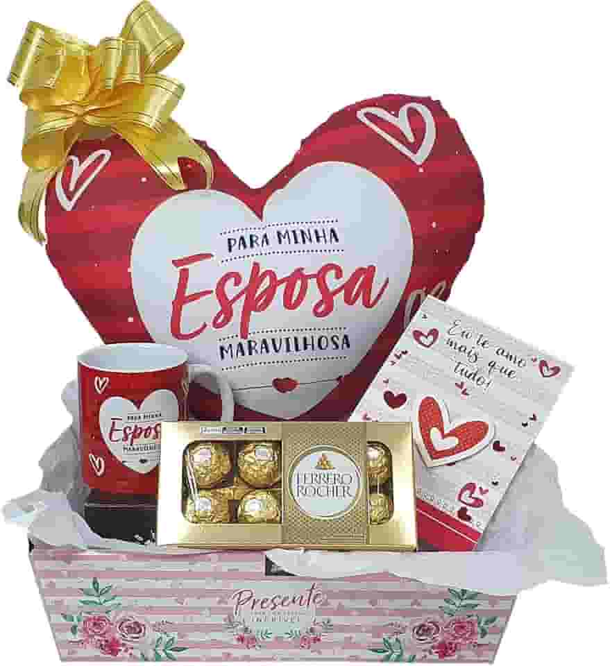 Presente De Namorada e Esposa Dias dos Namorados Kit de Presente Com Almofada Caneca Cartão e Chocolate Ferrero Rocher T8 com 8 Bombons Presente Para Esposa Ou Super Namorada (Kit-Esposa)