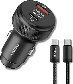 Carregador Veicular Turbo Premium Duas Entradas 60W 3.0 e Tipo C para Automóvel Carregamento Super Rápido Compatível com iOS e Android + Cabo USB-C Premium Compatível Com Dispositivos IOS e Android
