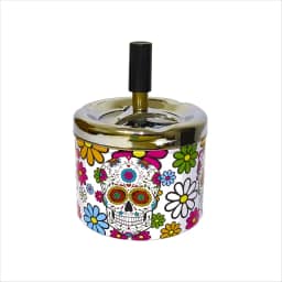 Cinzeiro Metal C/Tampa Anti-Cheiro Giratória Redondo À Prova De Vento 9x7,5cm Fechado Automático Estampas Caveiras Mexicanas Premium (Flower Skull)