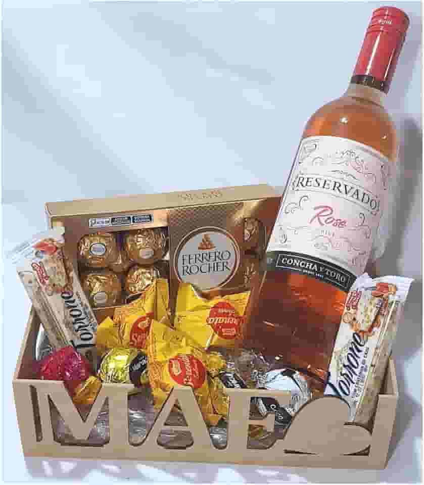 Cesta de Chocolates e Vinho para Presente Mãe, Dia Das Mães, Aniversário Mãe