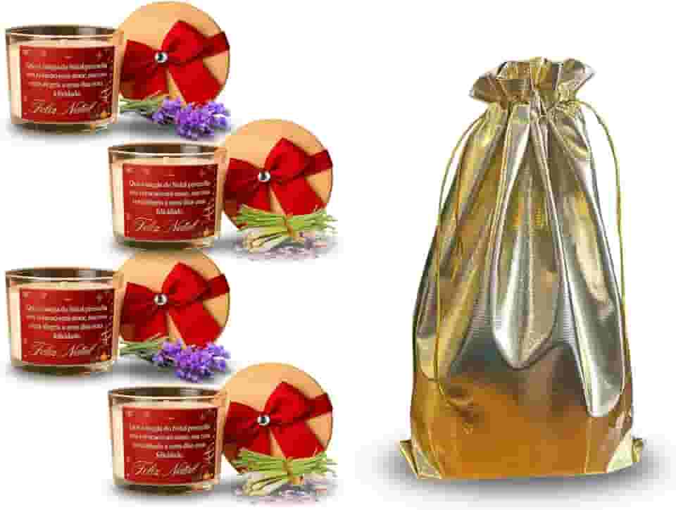 Velas Aromáticas Natalinas, Kit com 4 Unidades, 100g cada, Tampa de Madeira, Laço Vermelho, Feliz Natal, Decoração Festiva e Embalagem de Presente