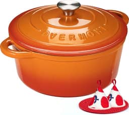 Overmont Panela Holandesa de Ferro Fundido Esmaltado – Panela de 7 L com Tampa, Livro de Receitas (sem garantia de versão em português) e Pegadores de Algodão – Panela Reforçada para Ensopados