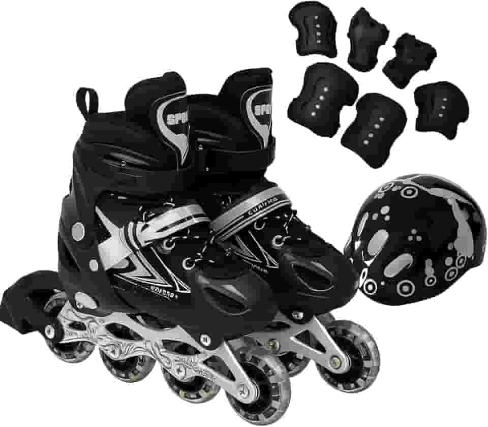 Patins Roller Inline 4 Rodas Skates Ajustavél com Roda Iluminada Jovens e Adultos, Para iniciantes, Uso Interno e Externo + Kit Completo com Capacete e Proteções