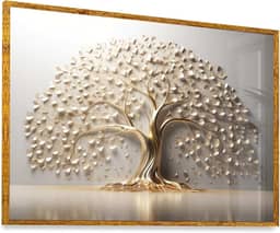 Quadro Árvore da Vida Branco Dourado Vidro 63x43cm Moldura Dourada Exclusiva Art Parede