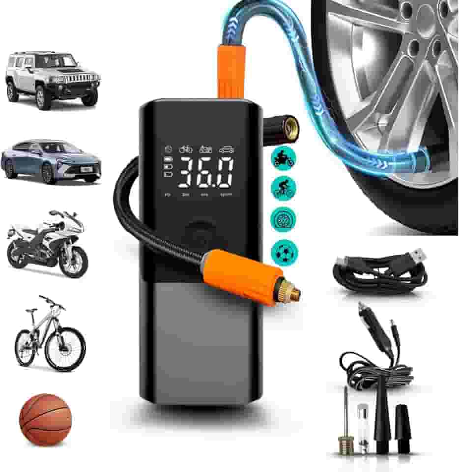 Bomba de Ar Portátil Digital 12v 120w - 180 PSI - 4500maH, para Carros, Motos, Bicicletas e Infláveis - Compressor de Ar Portátil com USB, USB Tipo C, Lanterna LED, Power Bank e Estojo de Transporte
